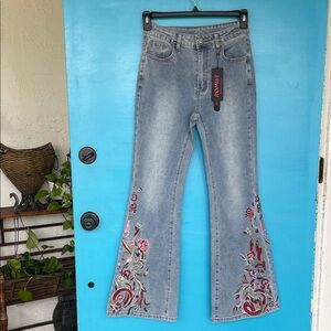 ROMWE Raccolta Carta Boho Embroidered Festival Flare Wide Leg Jeans L (8-10)